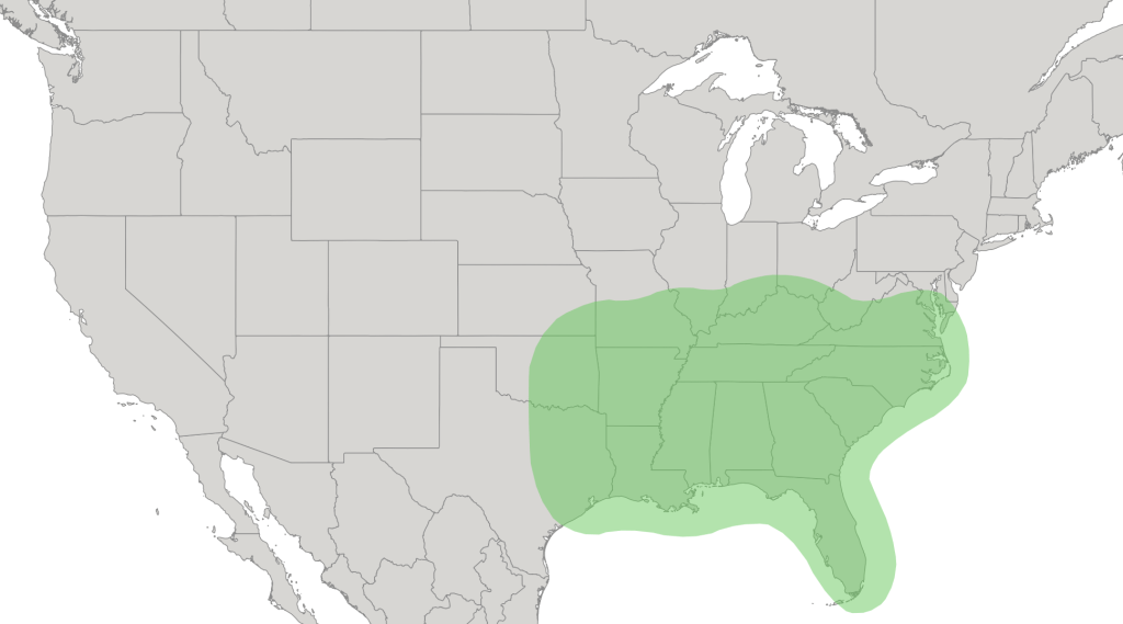 Map of passionflower's native range, extending north into souther Illinois and Indiana, east to Virginia, south to Florida, and west to Texas and Oklahoma